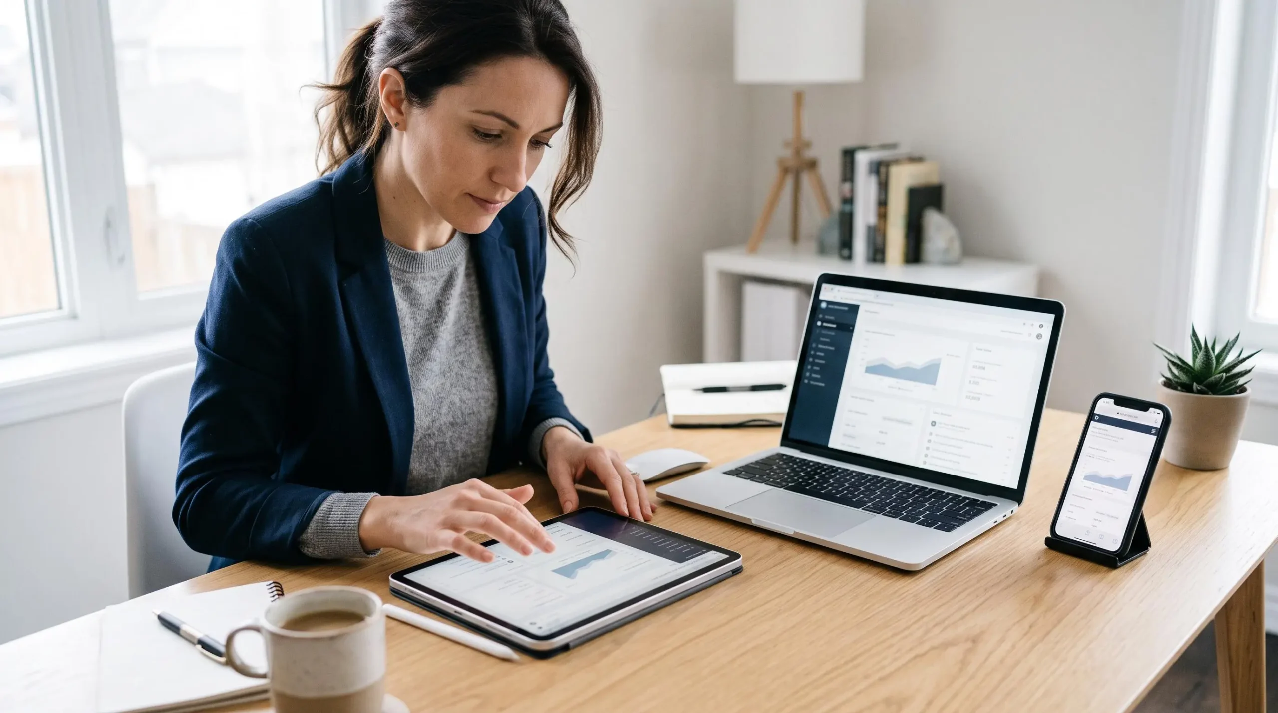 Professionnel utilisant simultanément une application web sur ordinateur portable, tablette et smartphone, démontrant la compatibilité multi-plateforme