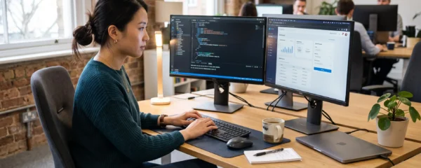 Développeur professionnel travaillant sur le code d'une application web dans un environnement de bureau moderne avec deux écrans d'ordinateur