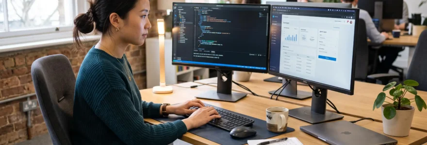 Développeur professionnel travaillant sur le code d'une application web dans un environnement de bureau moderne avec deux écrans d'ordinateur