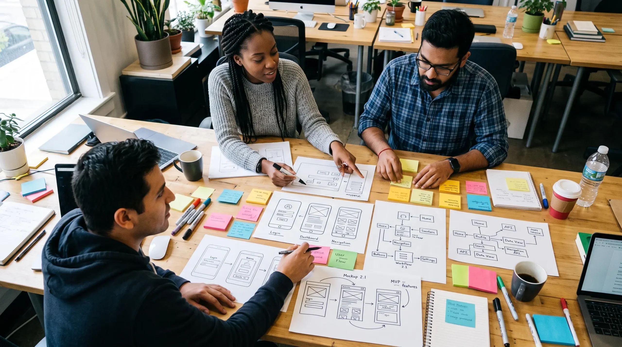 Équipe de développement collaborant autour d'une table de travail couverte de wireframes dessinés à la main et de notes pour la planification d'une application web